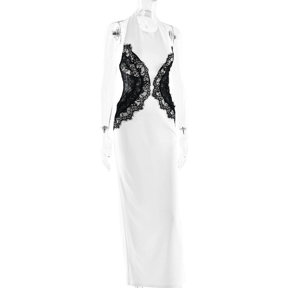 Elegant maxi dress with open back lace trim - CANDICE