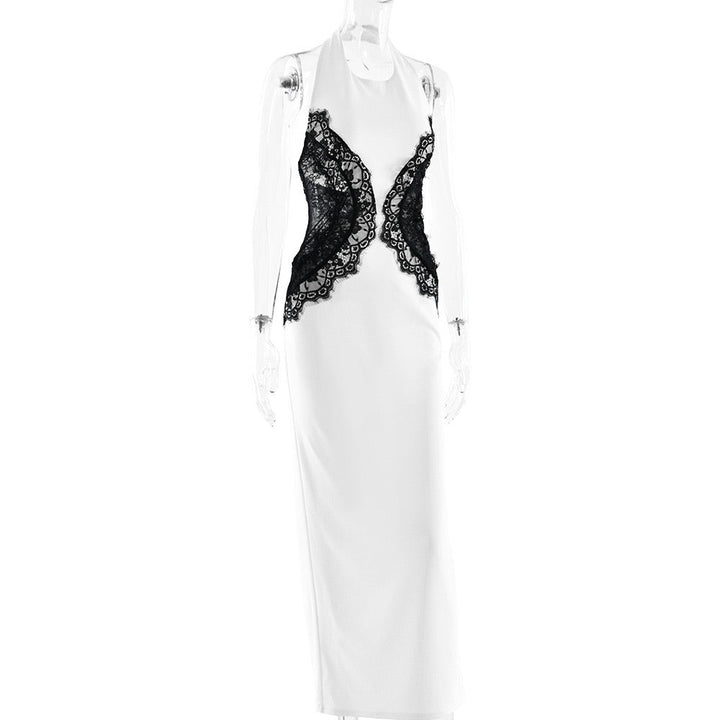 Elegant maxi dress with open back lace trim - CANDICE