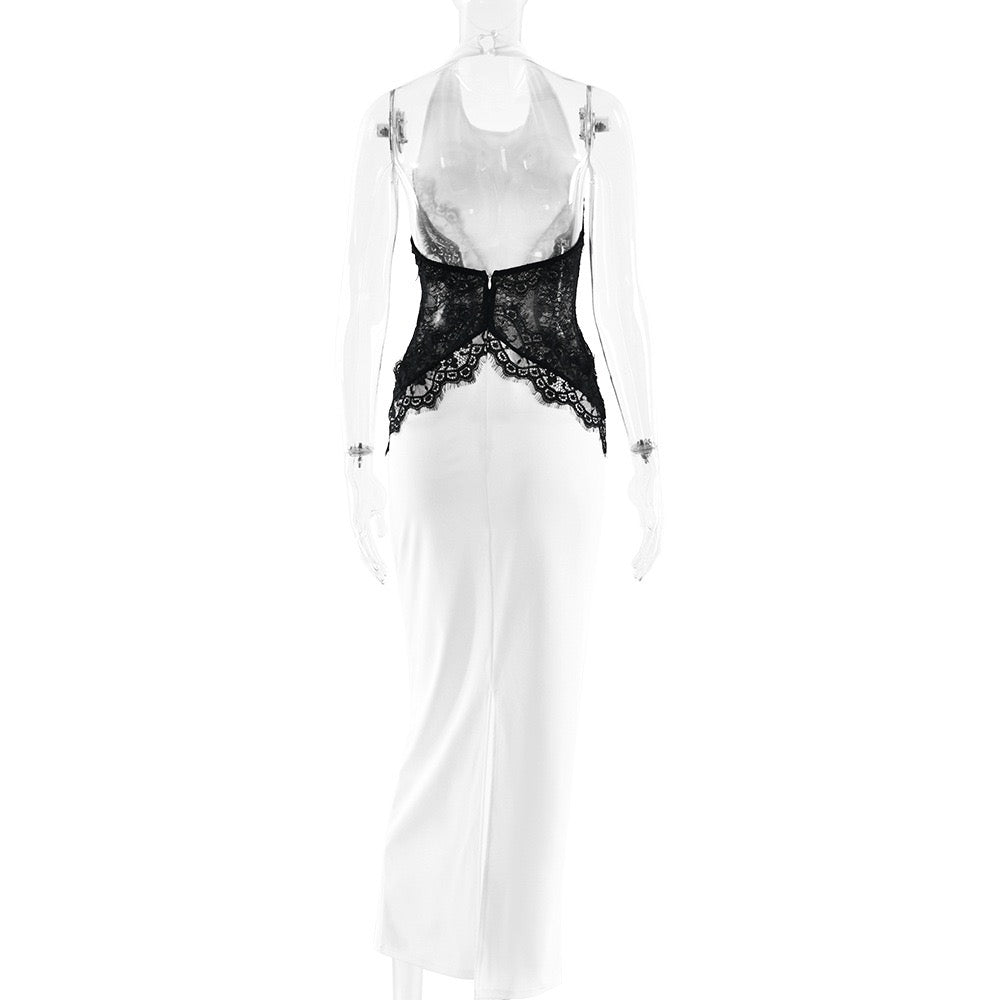 Elegant maxi dress with open back lace trim - CANDICE