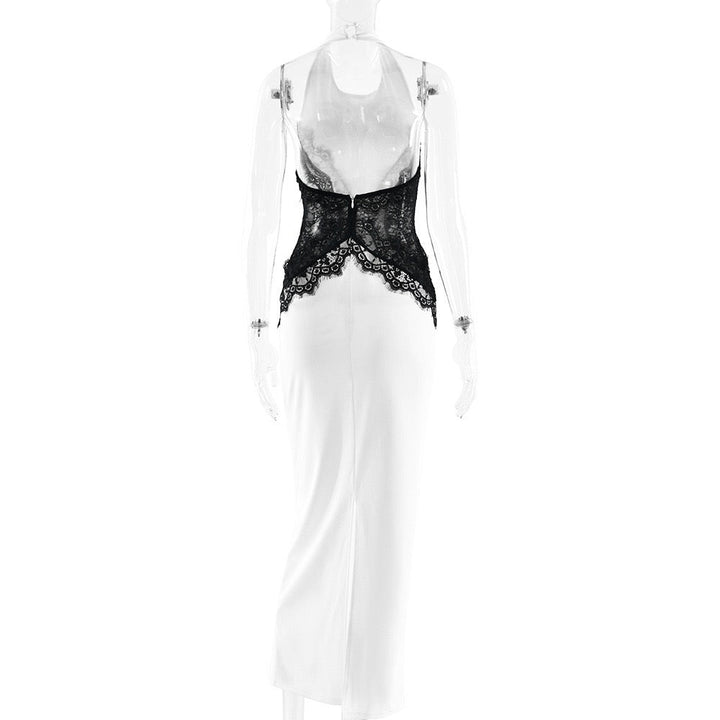 Elegant maxi dress with open back lace trim - CANDICE