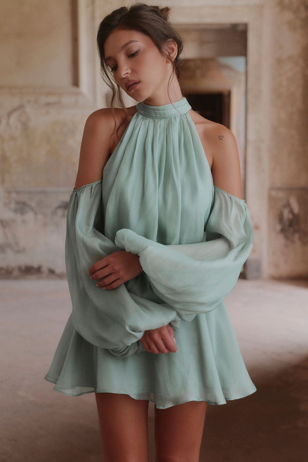 Hola chiffon ruffle mini dress with off-the-shoulder styling