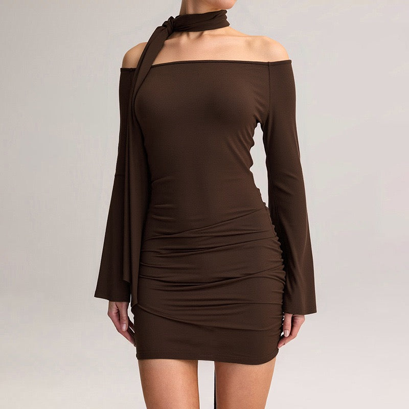 Off-the-shoulder mini dress with scarf detail - Light
