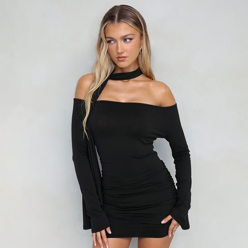Off-the-shoulder mini dress with scarf detail - Light