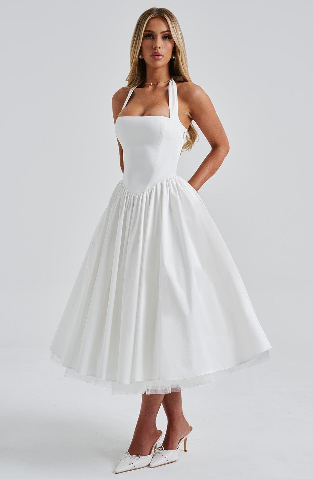 Marlene midi dress with a neck tie, open back, and tulle trim