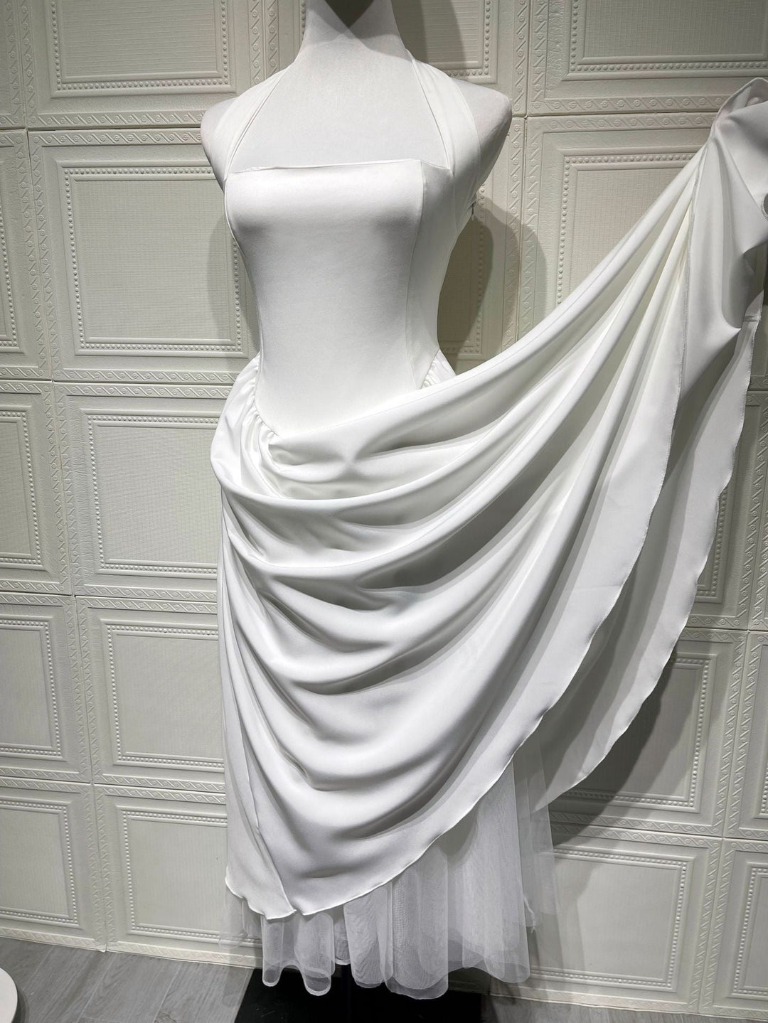 Marlene midi dress with a neck tie, open back, and tulle trim