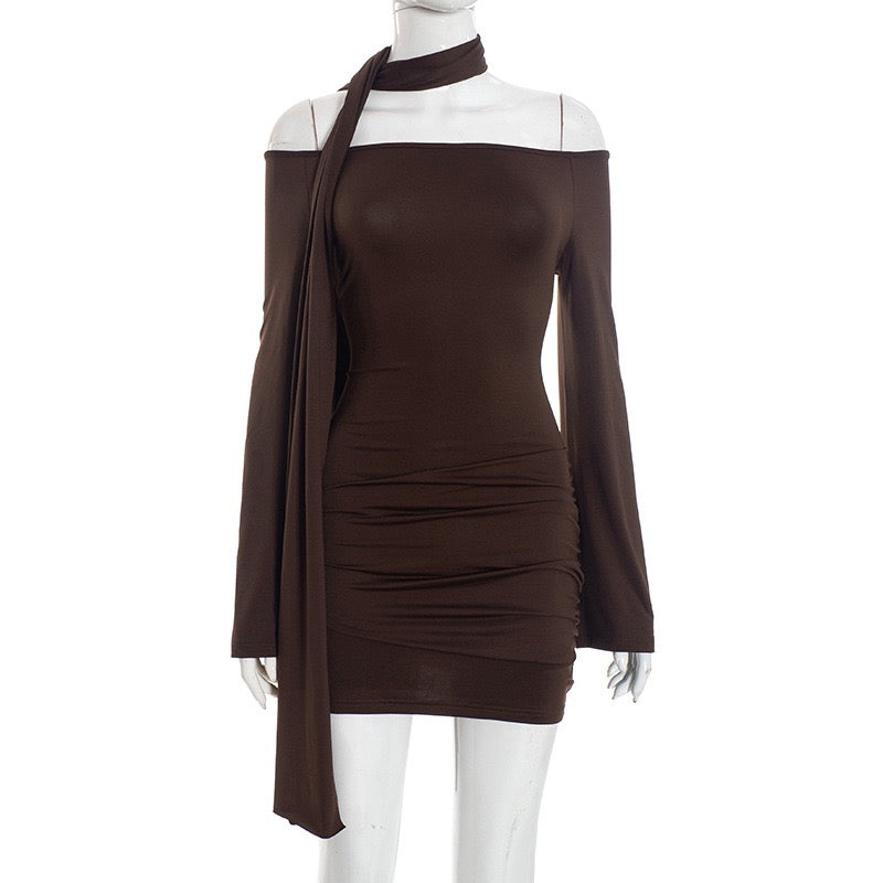 Off-the-shoulder mini dress with scarf detail - Light