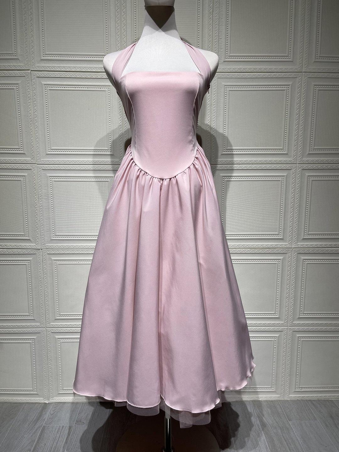 Marlene midi dress with a neck tie, open back, and tulle trim