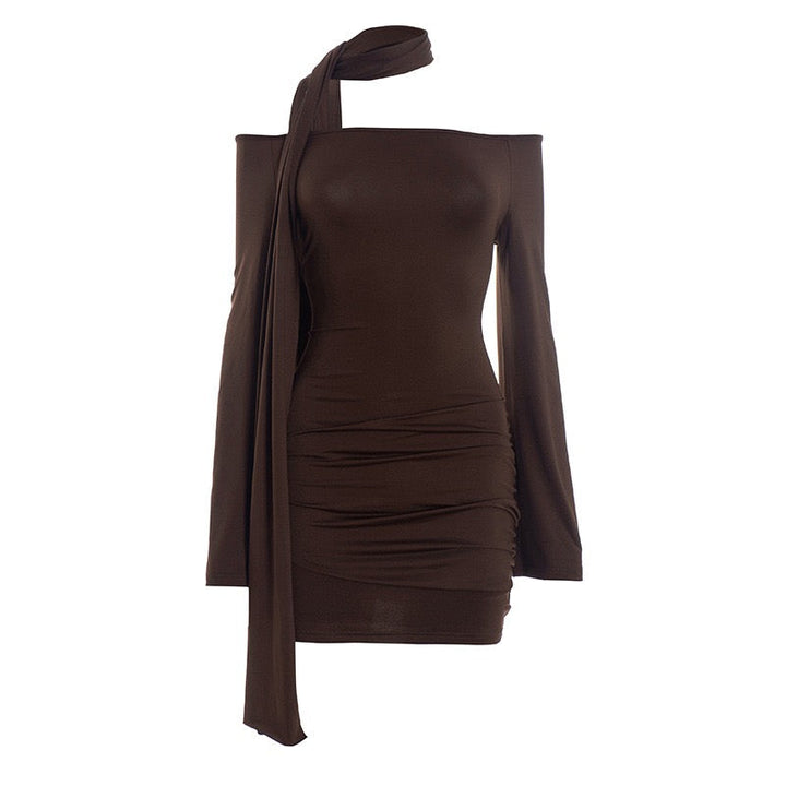 Off-the-shoulder mini dress with scarf detail - Light