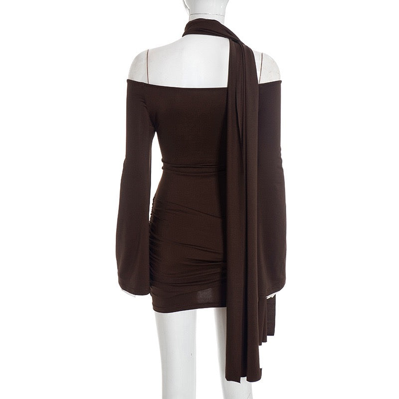 Off-the-shoulder mini dress with scarf detail - Light