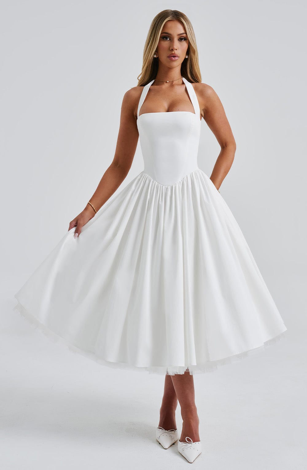 Marlene midi dress with a neck tie, open back, and tulle trim