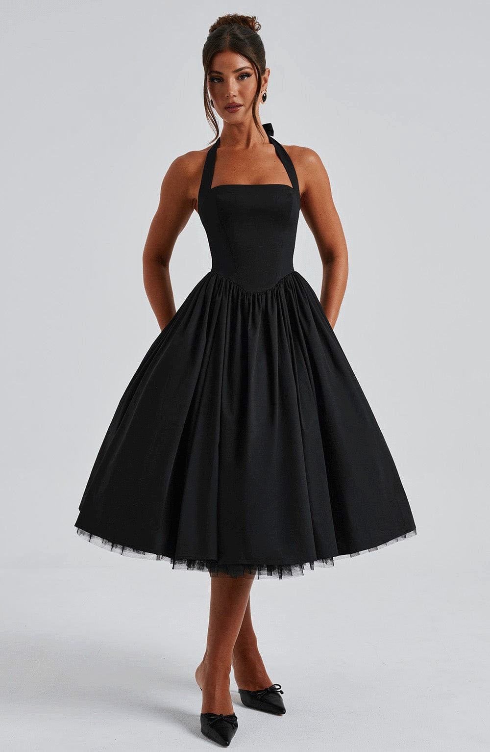 Marlene midi dress with a neck tie, open back, and tulle trim