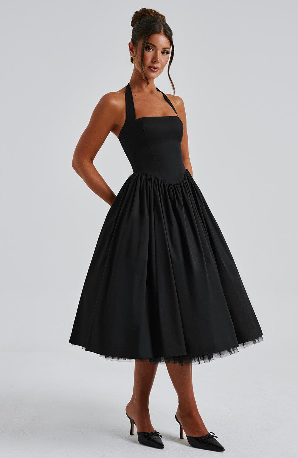 Marlene midi dress with a neck tie, open back, and tulle trim