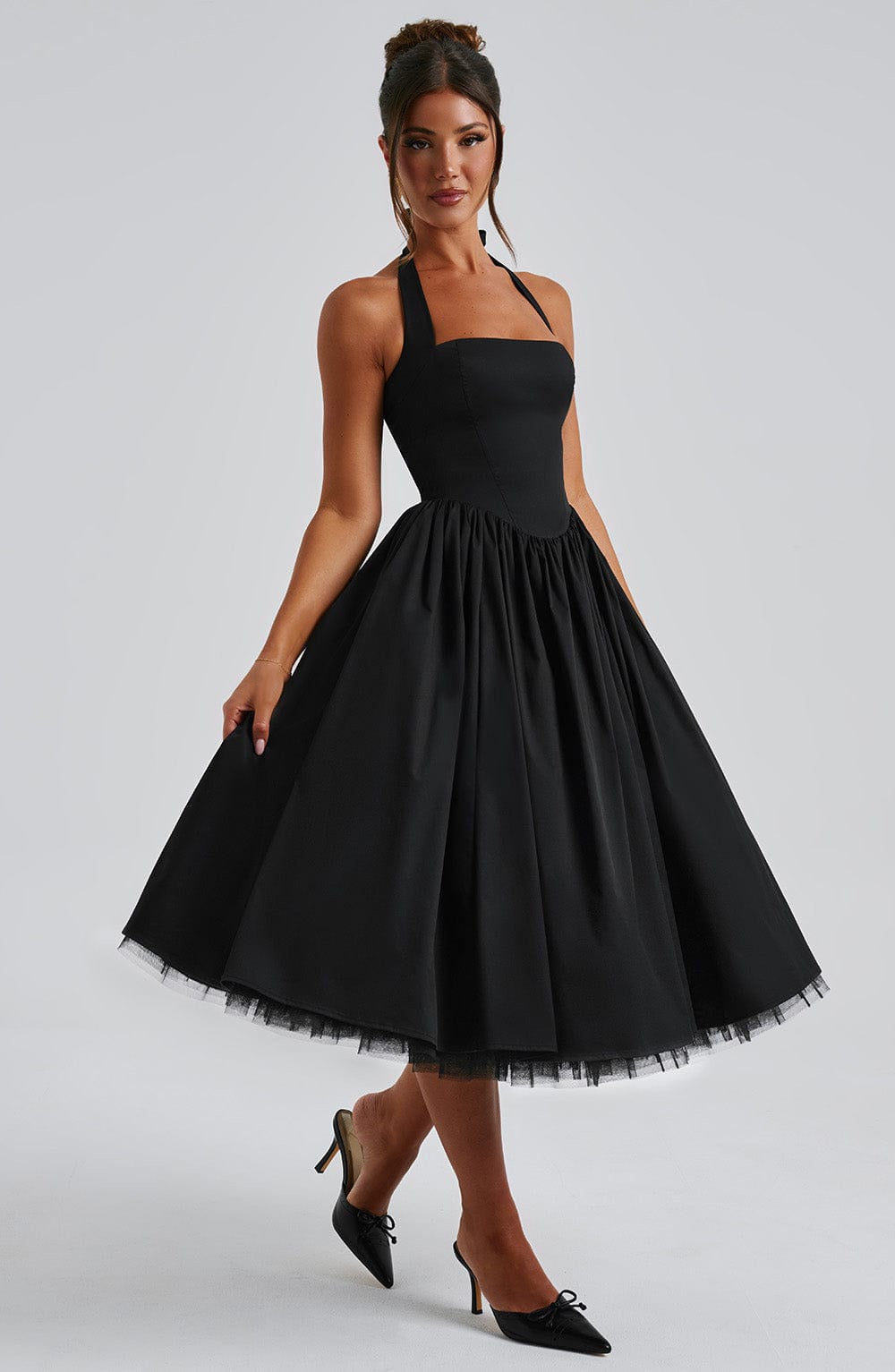 Marlene midi dress with a neck tie, open back, and tulle trim