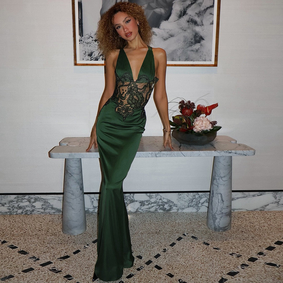 Satin maxi dress with open back lace design - CICILIA