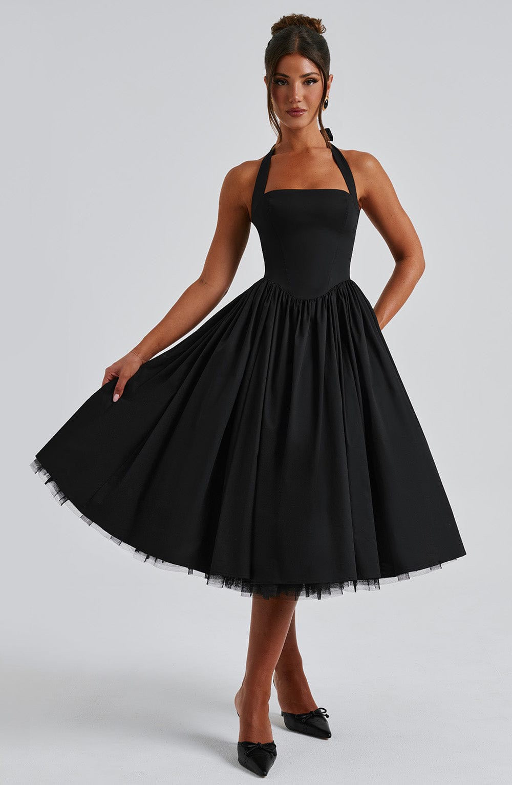 Marlene midi dress with a neck tie, open back, and tulle trim