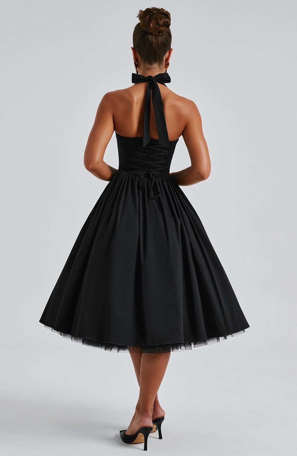 Marlene midi dress with a neck tie, open back, and tulle trim