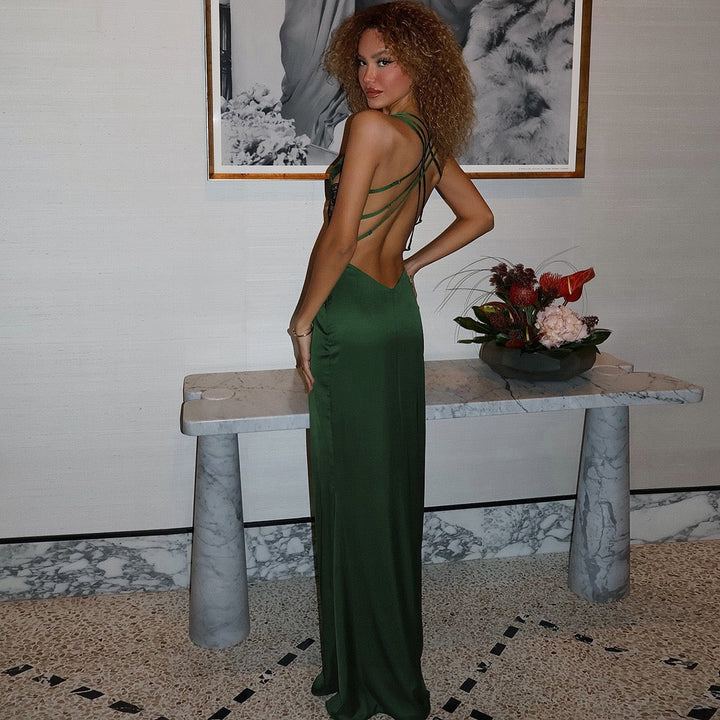 Satin maxi dress with open back lace design - CICILIA