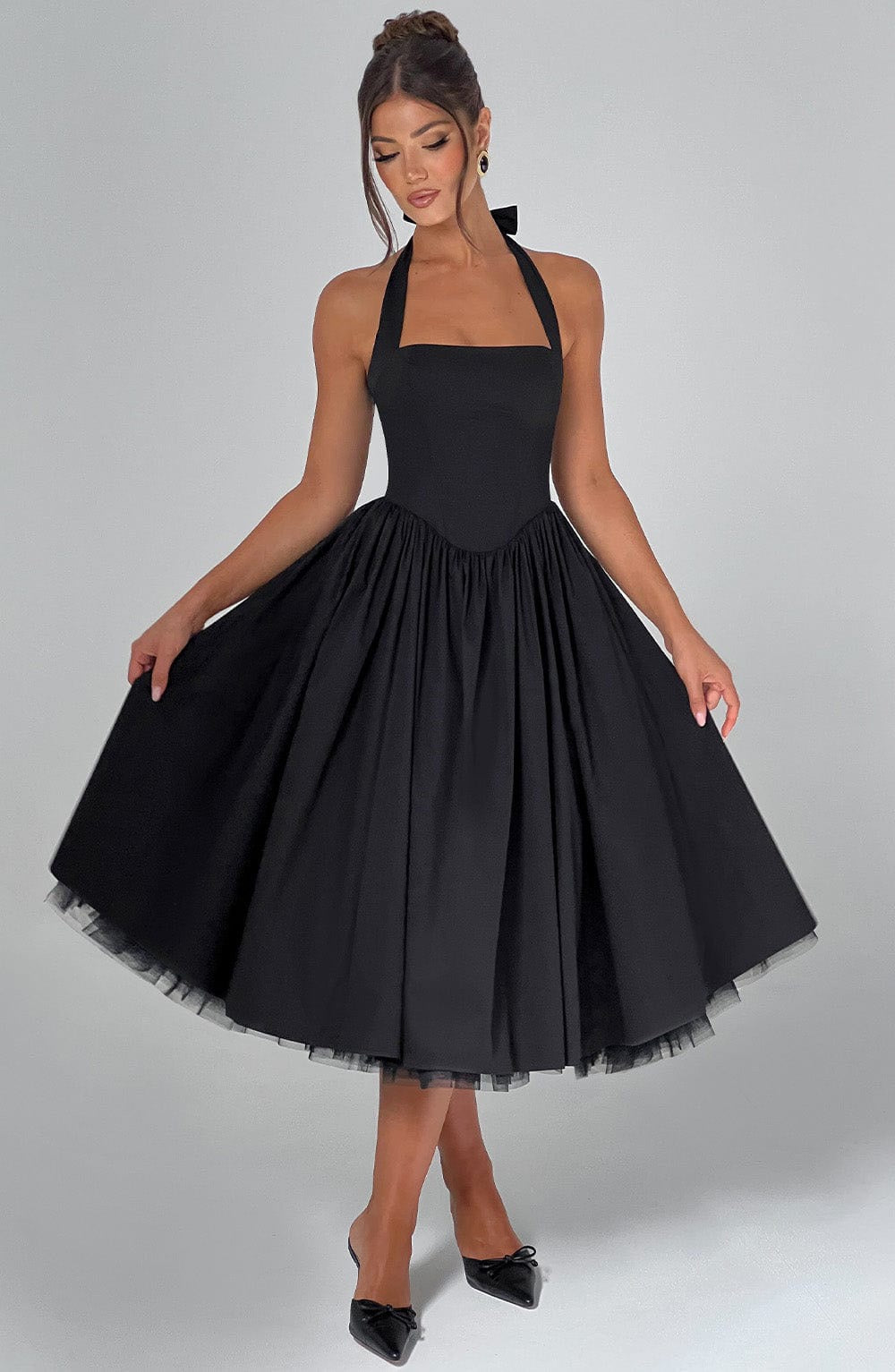 Marlene midi dress with a neck tie, open back, and tulle trim