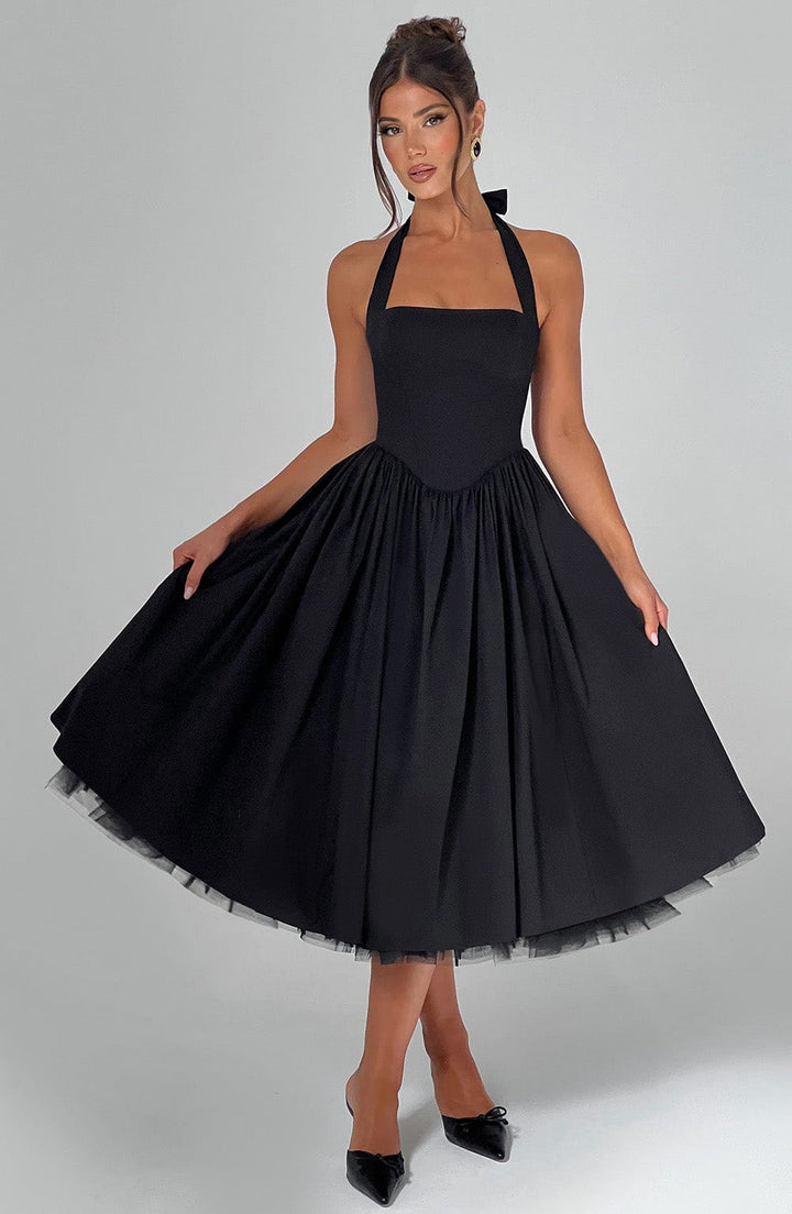 Marlene midi dress with a neck tie, open back, and tulle trim