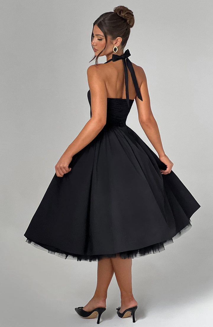 Marlene midi dress with a neck tie, open back, and tulle trim