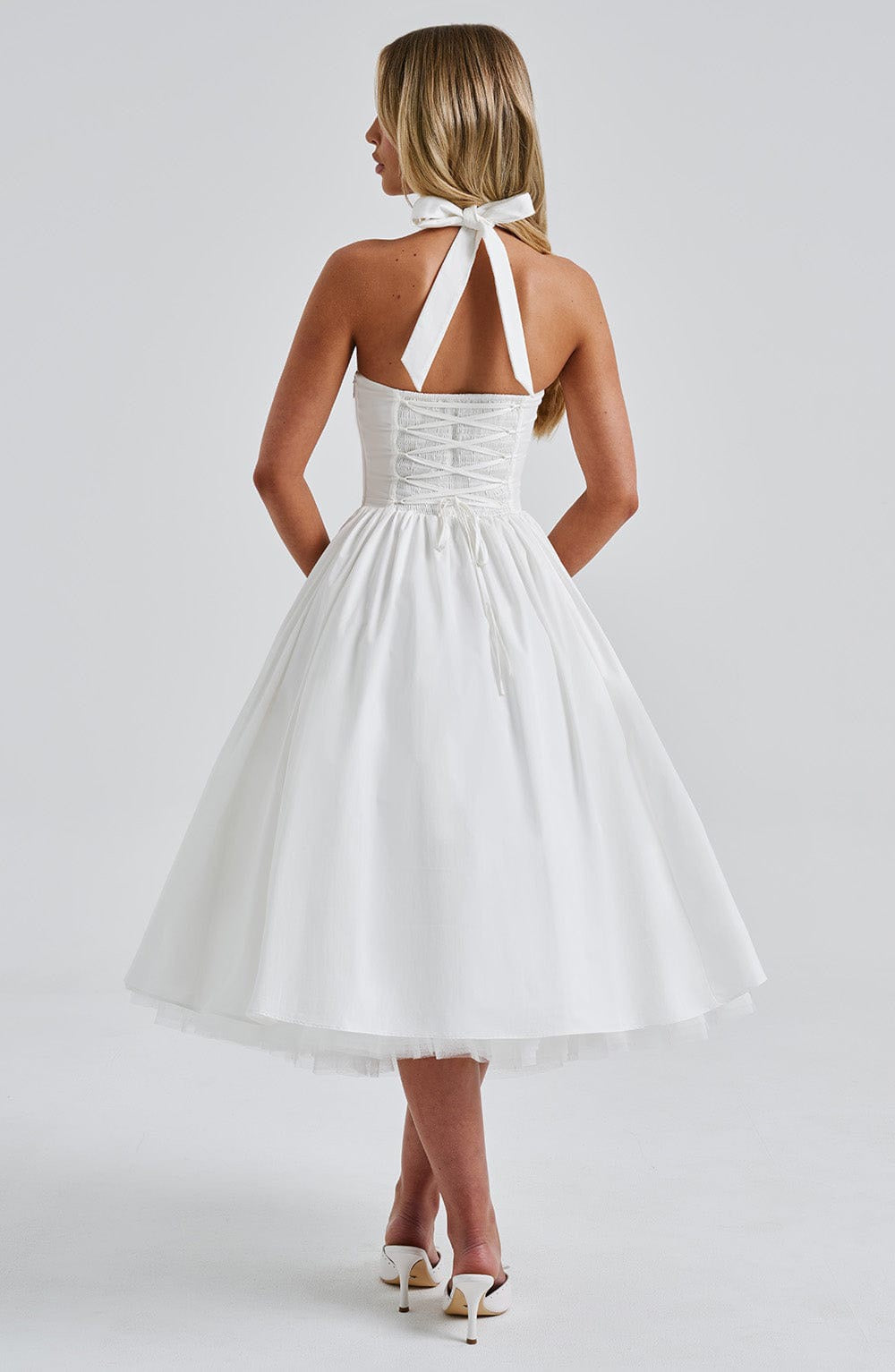Marlene midi dress with a neck tie, open back, and tulle trim