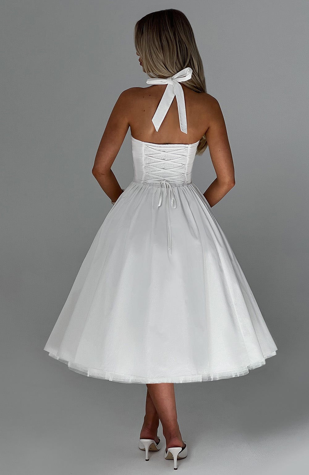 Marlene midi dress with a neck tie, open back, and tulle trim