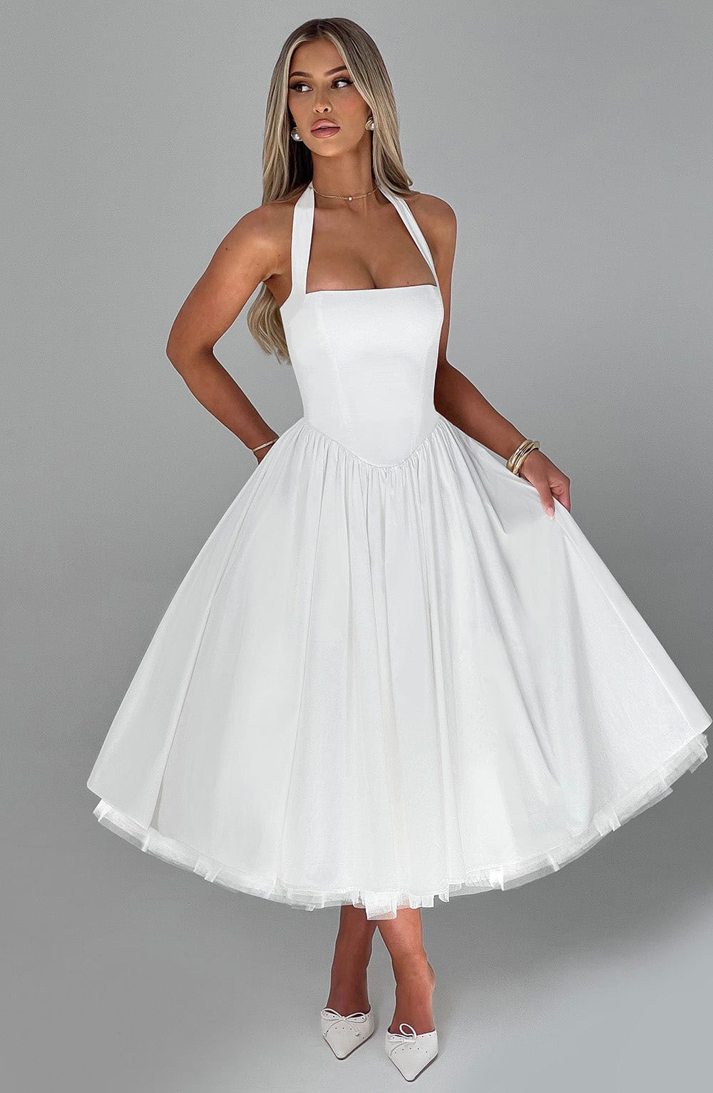Marlene midi dress with a neck tie, open back, and tulle trim