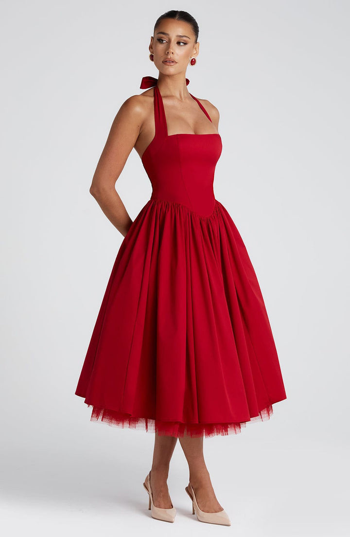 Marlene midi dress with a neck tie, open back, and tulle trim
