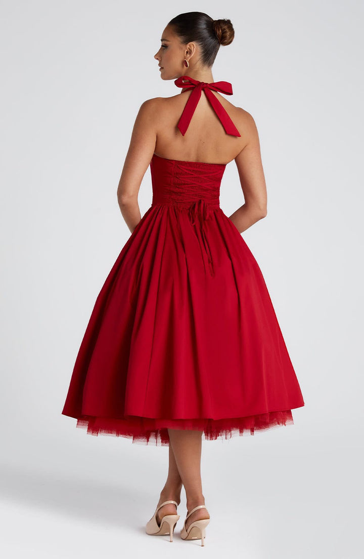 Marlene midi dress with a neck tie, open back, and tulle trim