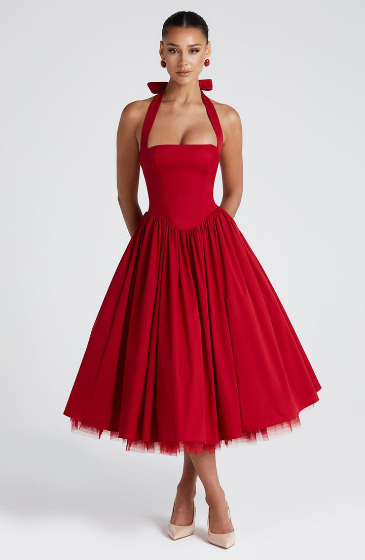 Marlene midi dress with a neck tie, open back, and tulle trim