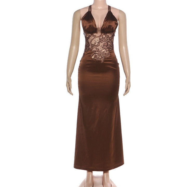 Satin maxi dress with open back lace design - CICILIA