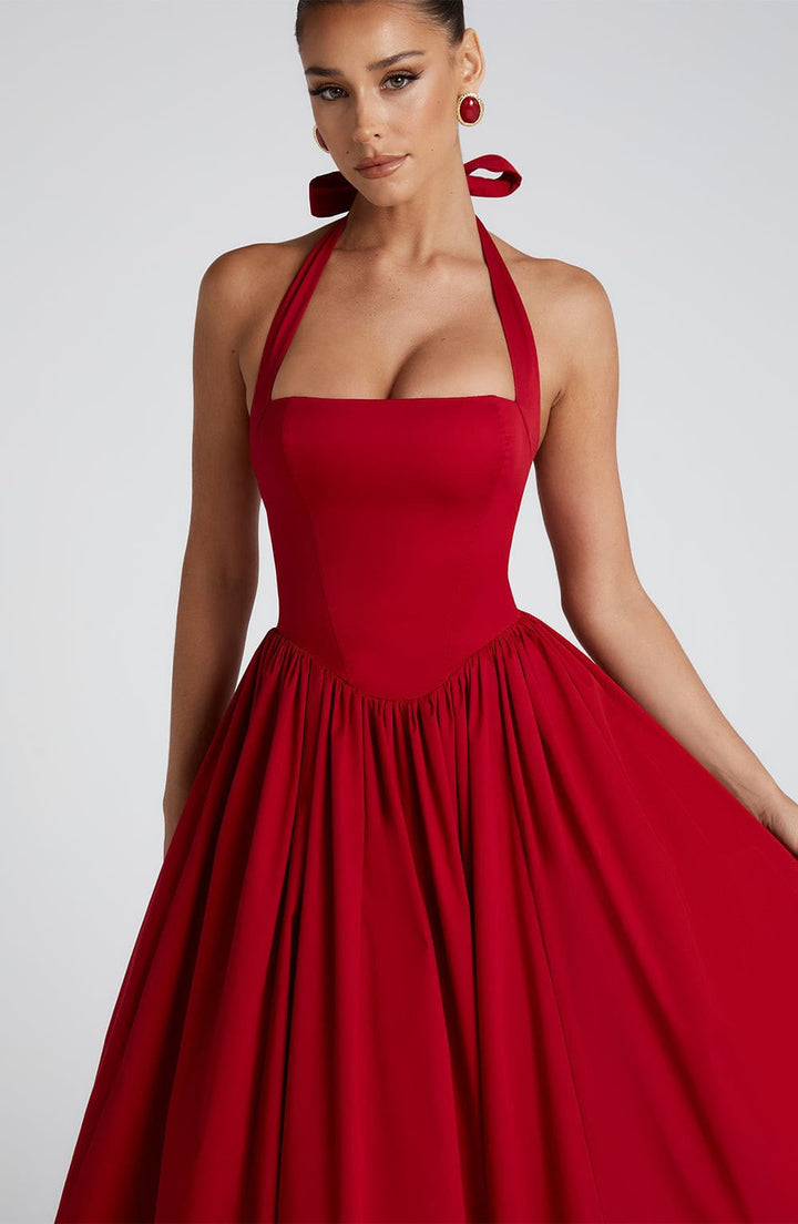 Marlene midi dress with a neck tie, open back, and tulle trim