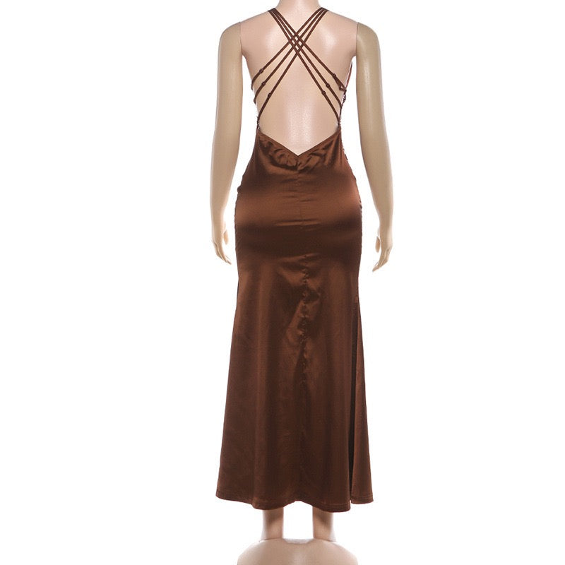 Satin maxi dress with open back lace design - CICILIA