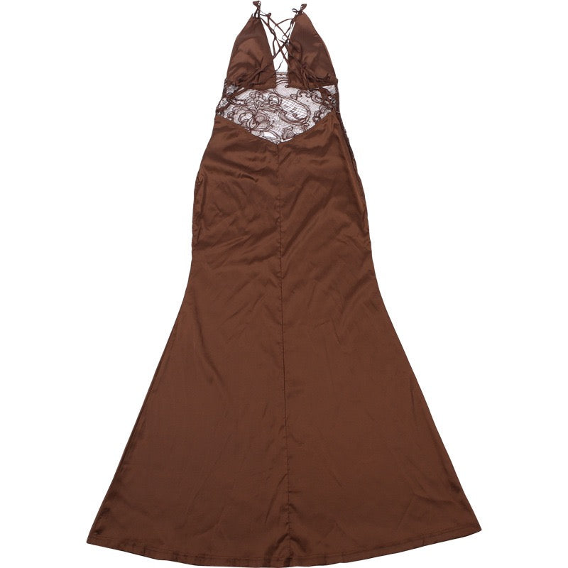 Satin maxi dress with open back lace design - CICILIA