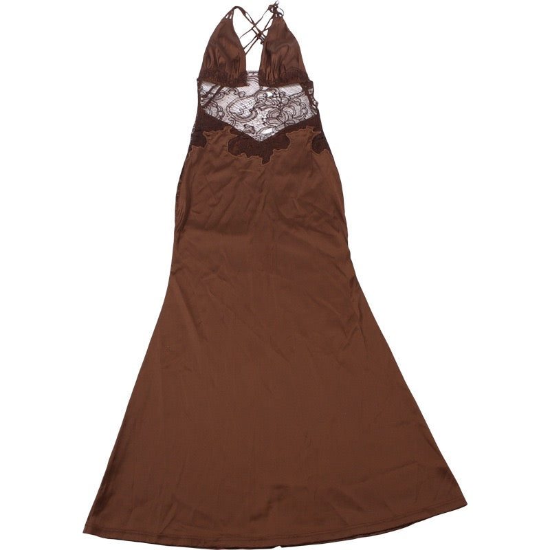 Satin maxi dress with open back lace design - CICILIA