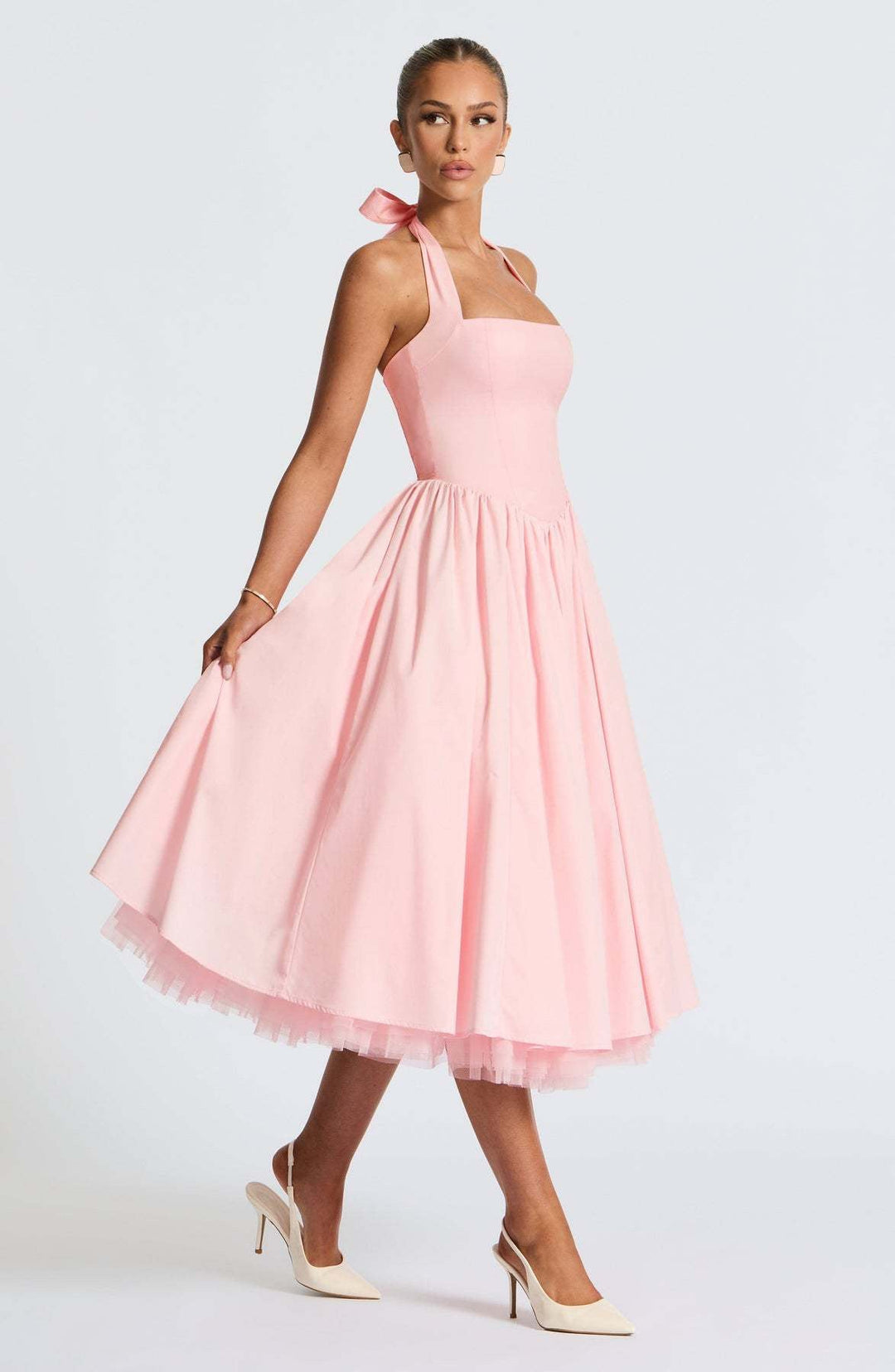 Marlene midi dress with a neck tie, open back, and tulle trim