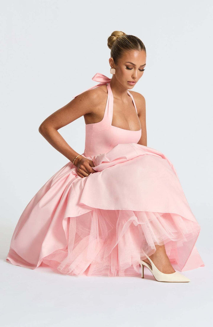 Marlene midi dress with a neck tie, open back, and tulle trim