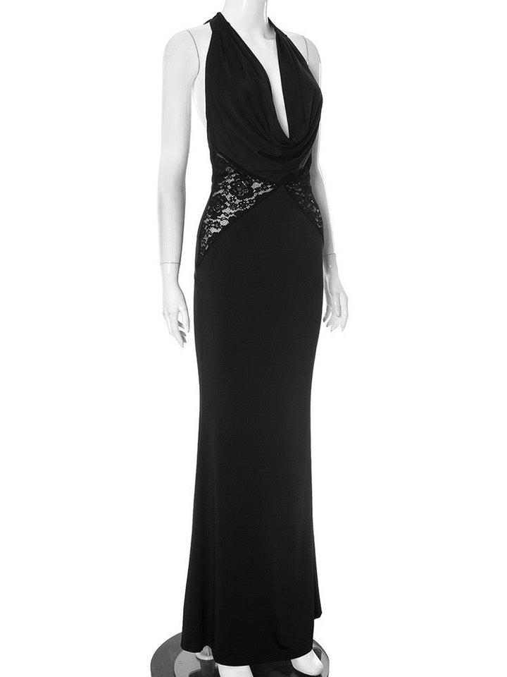 Maxi dress with lace trim and open back - ANNA