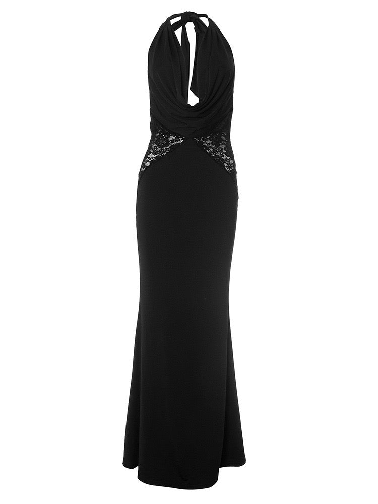 Maxi dress with lace trim and open back - ANNA