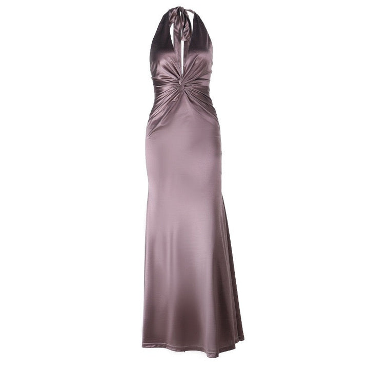 Elegant satin maxi dress with tie at the neck and open back with ruching design - LERS