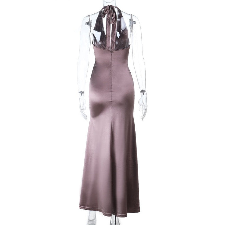 Elegant satin maxi dress with tie at the neck and open back with ruching design - LERS