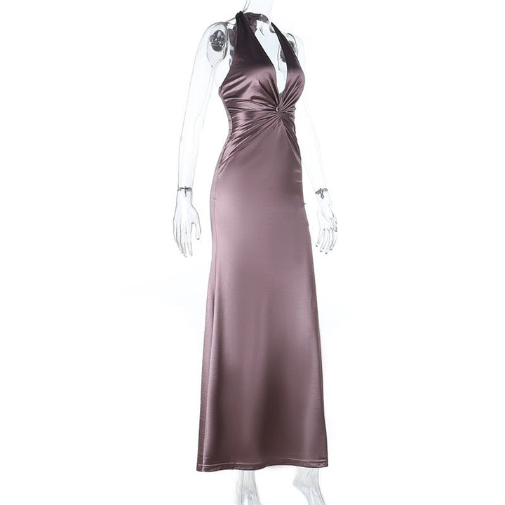 Elegant satin maxi dress with tie at the neck and open back with ruching design - LERS