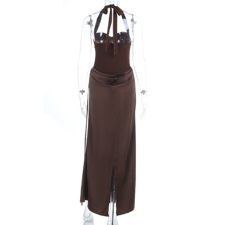 Maxi satin dress with corset design, tie at the nape, open back - FABI