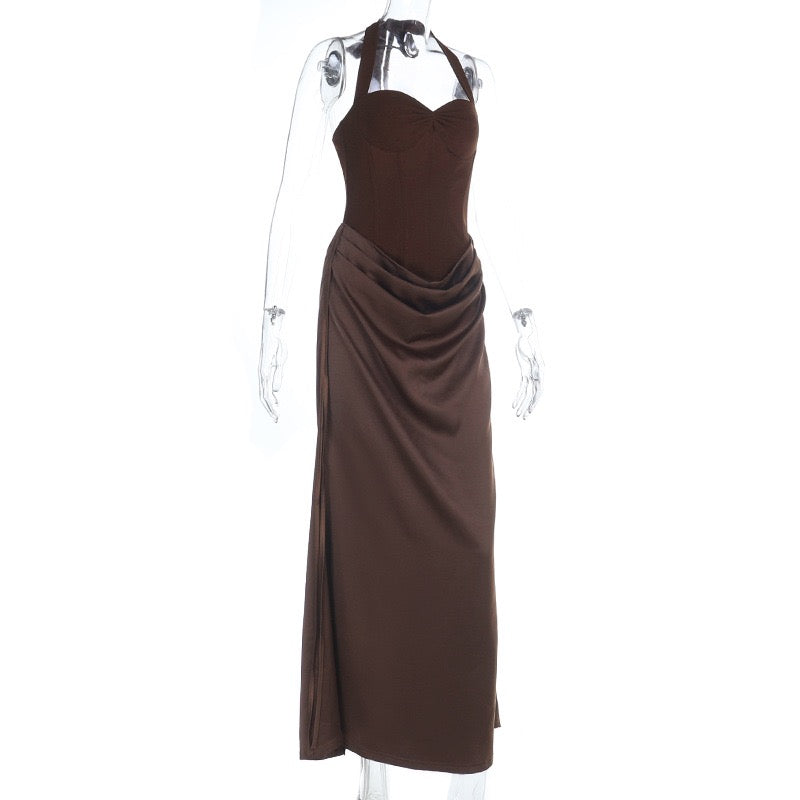 Maxi satin dress with corset design, tie at the nape, open back - FABI