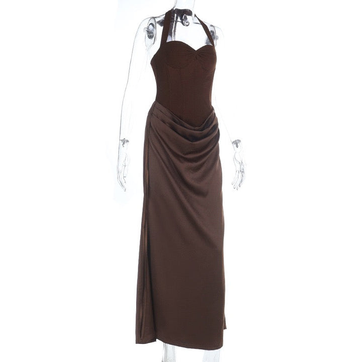 Maxi satin dress with corset design, tie at the nape, open back - FABI