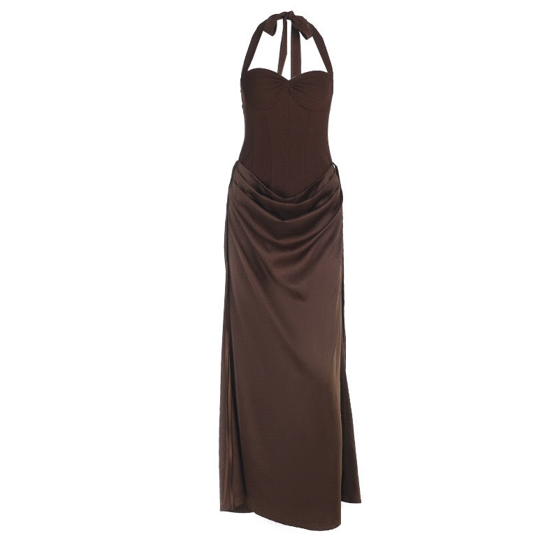 Maxi satin dress with corset design, tie at the nape, open back - FABI