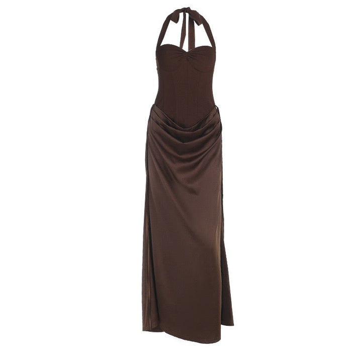 Maxi satin dress with corset design, tie at the nape, open back - FABI