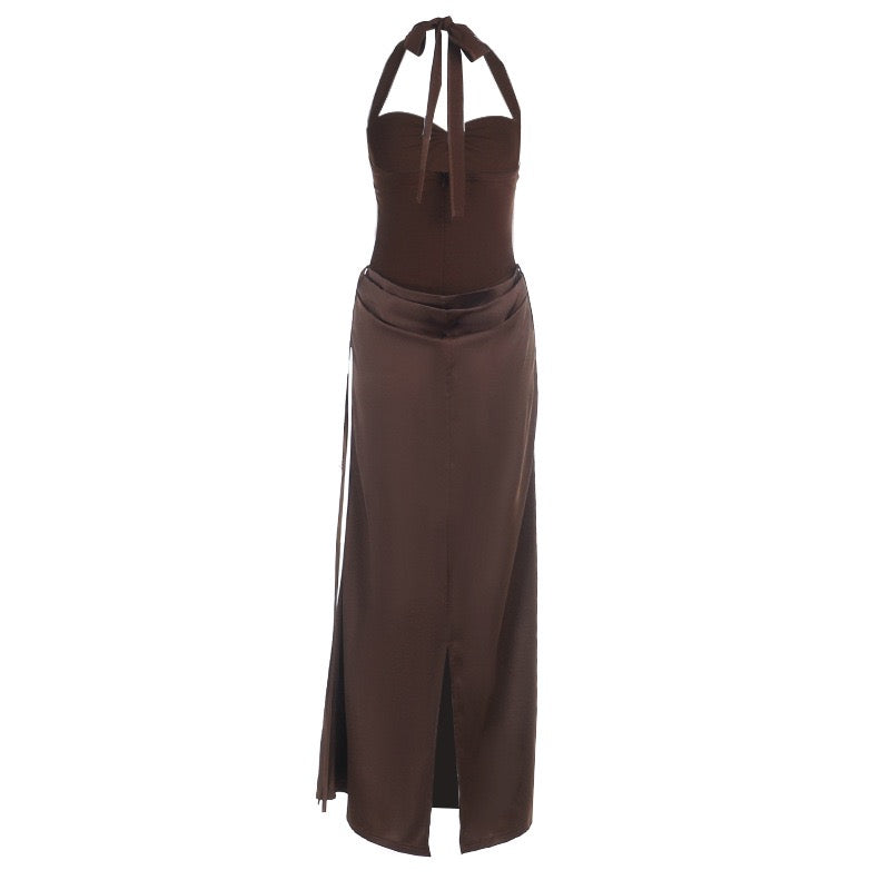 Maxi satin dress with corset design, tie at the nape, open back - FABI