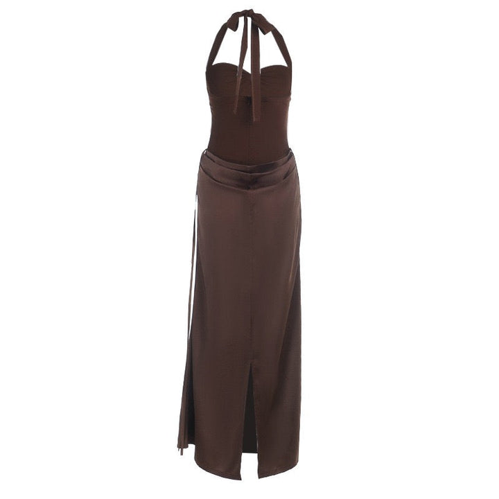 Maxi satin dress with corset design, tie at the nape, open back - FABI