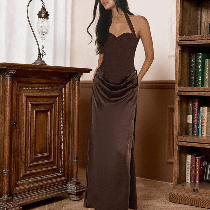 Maxi satin dress with corset design, tie at the nape, open back - FABI
